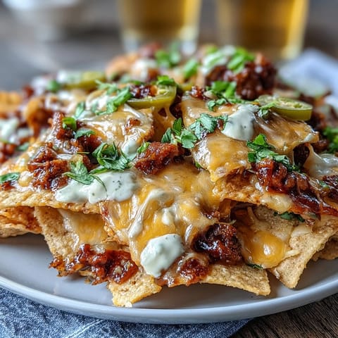 Crispy tortilla chips loaded with seasoned beef, melted cheese sauce, and zesty jalapeños—perfect for game day snacking.