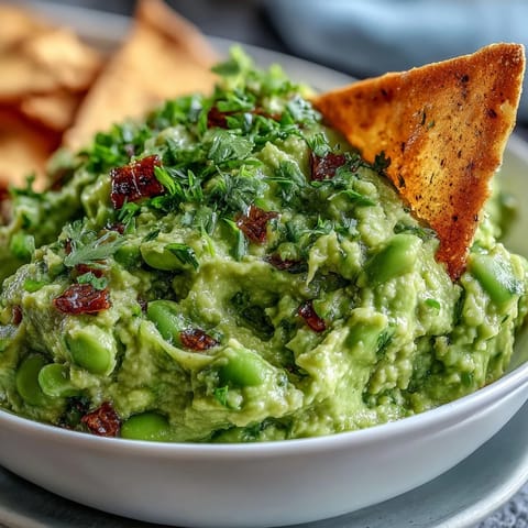 Protein-packed edamame guacamole blended with lime and spices, paired with golden whole wheat pita chips.  