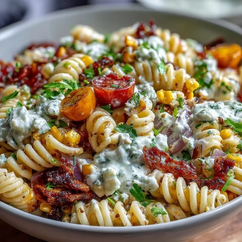 Zesty Elote Pasta Salad with creamy Cotija, chili, and lime, perfect for summer cookouts or as a vibrant side dish.  