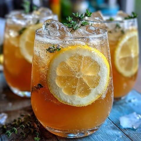 Refreshing lavender lemonade spritz with sparkling wine, garnished with fresh lavender and lemon slices.