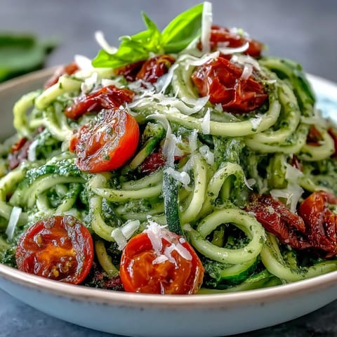 Vibrant zucchini noodles tossed with fresh basil pesto and juicy cherry tomatoes in a healthy, gluten-free dish.