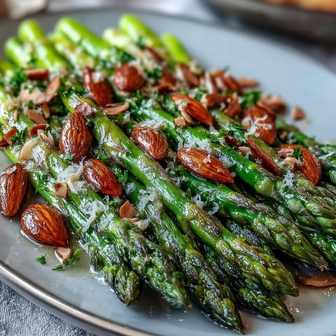 Elegant asparagus sautéed in citrusy butter, topped with golden almonds, makes a bright vegetarian side for festive meals.  