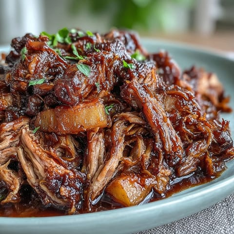 Slow cooker honey peach BBQ pulled pork with tender shredded meat and sweet peaches in a tangy sauce.  