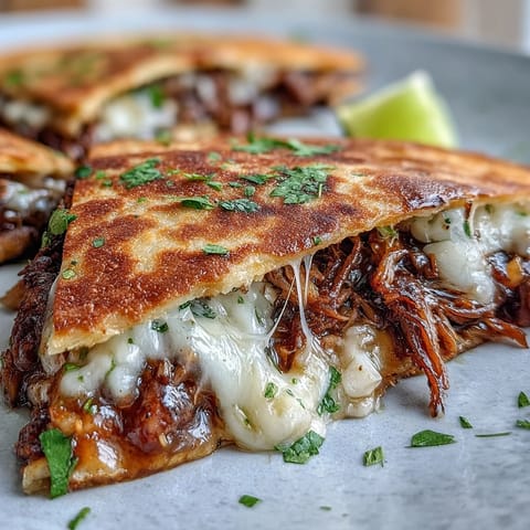 Cheesy, shredded beef birria quesadillas perfect for dipping into savory consommé.