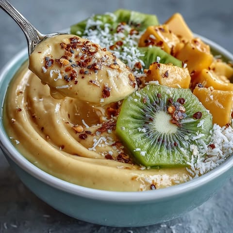 Vibrant Mango Chili Lime Smoothie Bowl ready for breakfast, topped with fresh fruit.
