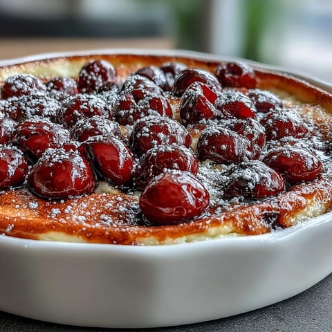 Fresh Cherry Clafoutis baked with juicy cherries and creamy vanilla bean custard.