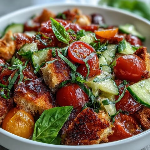 Summer Panzanella with grilled bread, ripe tomatoes, and fresh basil.