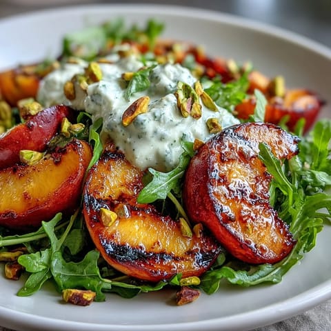 Close-up of Grilled Peach and Burrata Salad, a vibrant summer dish ready to savor.