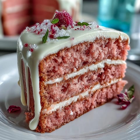 Bridal Shower Rosé Velvet Cake boasts delicate pink, wine-infused layers with shimmering gold drip.