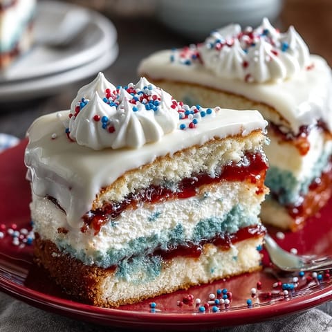 Moist Patriotic Poke Cake layers filled with vibrant gelatin, topped with creamy ganache.