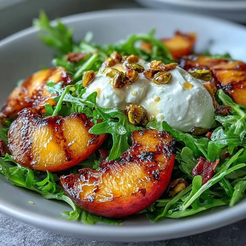 Grilled Peach and Burrata Salad: sweet caramelized fruit meets creamy cheese perfection.