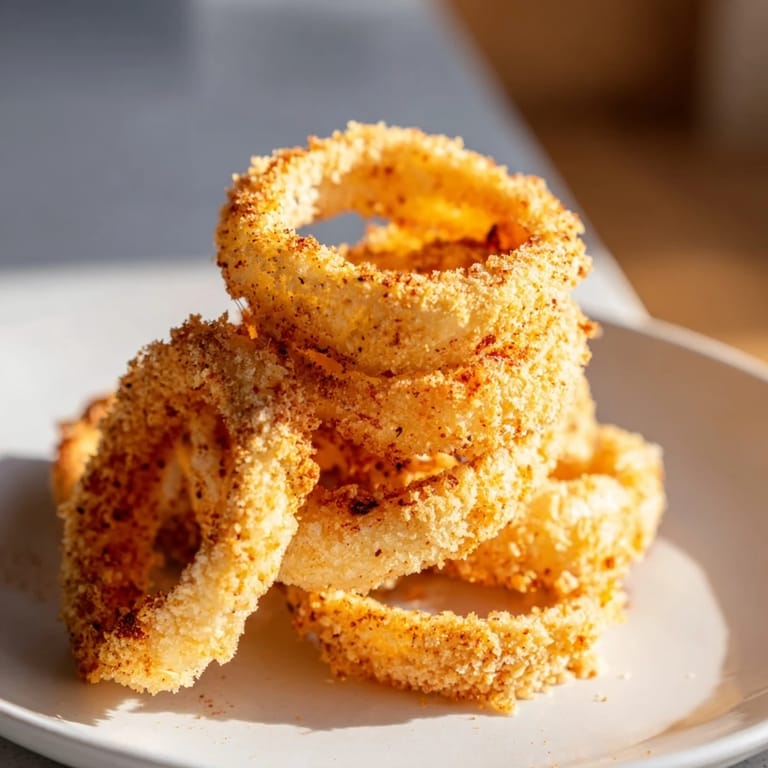 Close-up of freshly fried onion rings, showing the perfect texture and delightful crunch.
