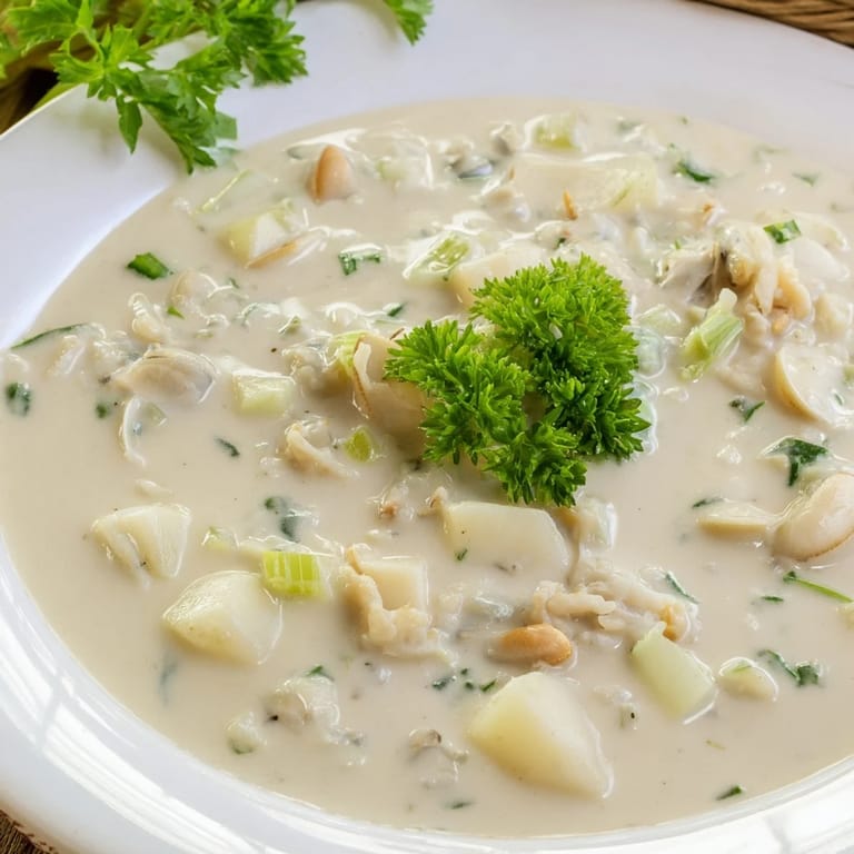 A close-up of a rich, thick Clam Chowder, filled with tender clams and potatoes.