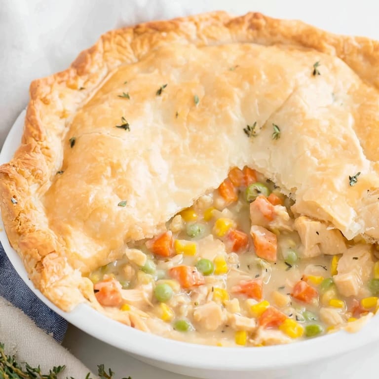 This rustic chicken pot pie shows a comforting dish, ready to serve and enjoy for dinner.
