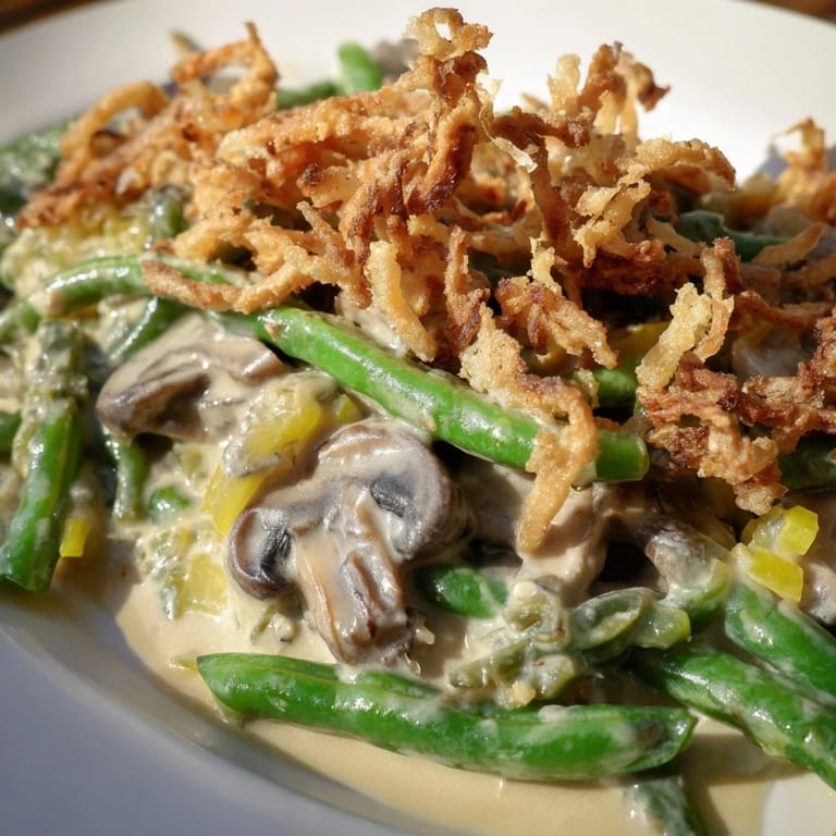 Creamy homemade Green Bean Casserole, a comforting side dish with tender green beans and a flavorful sauce.