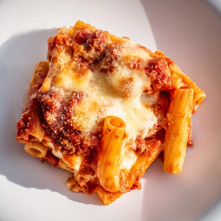 A close-up of cheesy Baked Ziti, showcasing layers of pasta, sauce, and creamy ricotta.