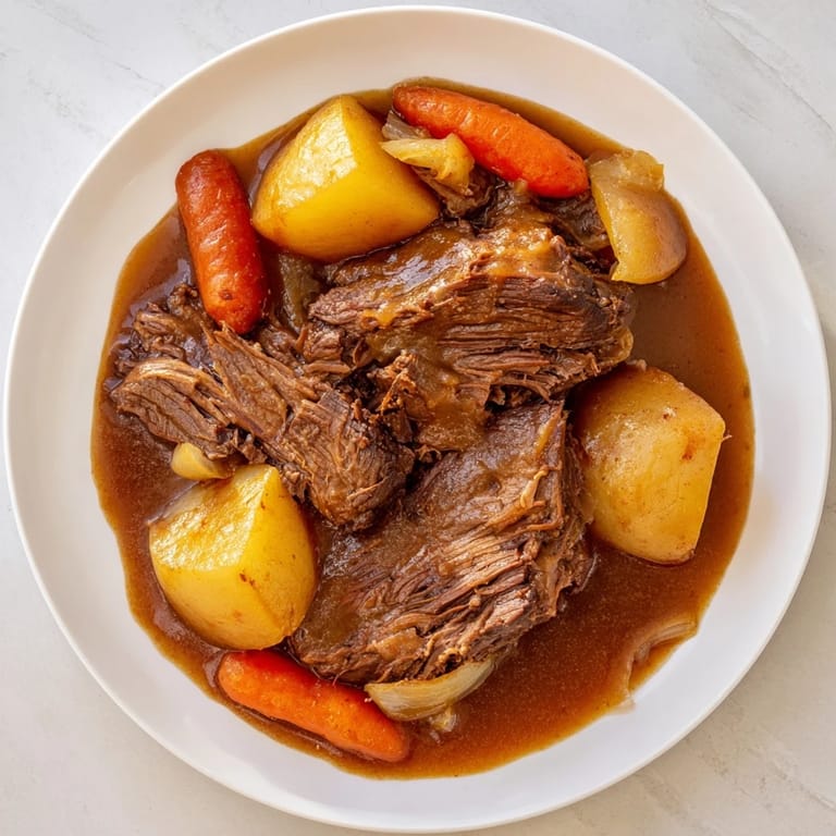 Hearty Beef Pot Roast, featuring succulent beef nestled within a medley of potatoes; perfect comfort food.