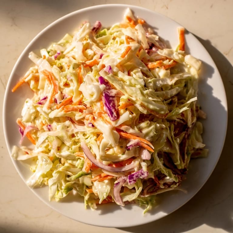 A close-up of a refreshing, crunchy coleslaw, ready to be served at your next picnic.