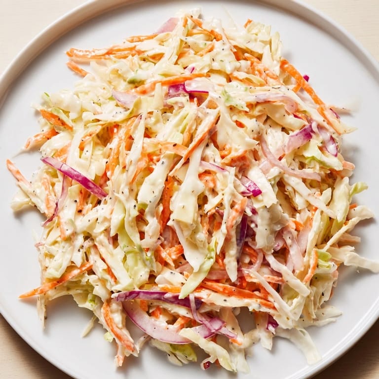 Homemade coleslaw in a bowl, showing the creamy dressing coating the freshly shredded vegetables.