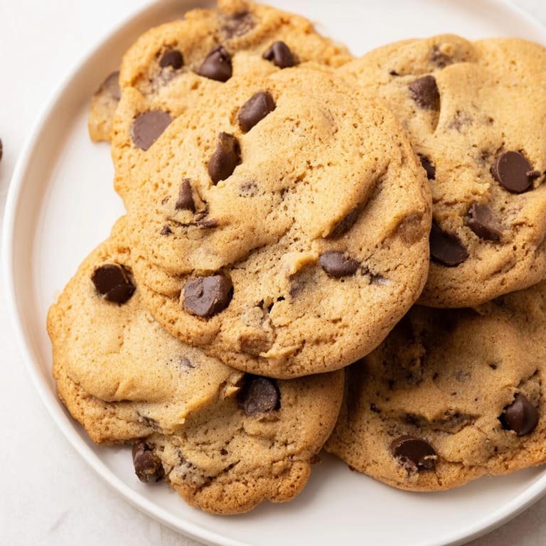 Golden brown chocolate chip cookies, each studded with decadent melted chocolate chips—a perfect treat.