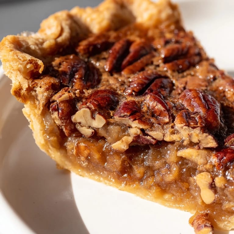 Close-up of a slice of pecan pie; the rich filling is ready to serve with vanilla ice cream.