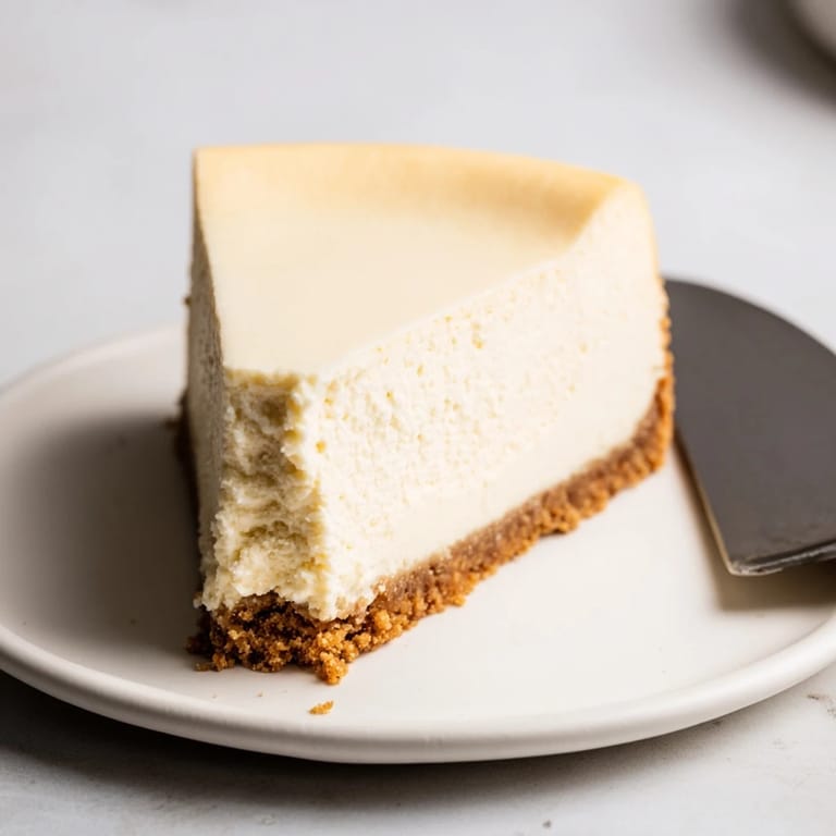 Close-up of a rich and decadent New York Cheesecake slice, showcasing its smooth, creamy filling.