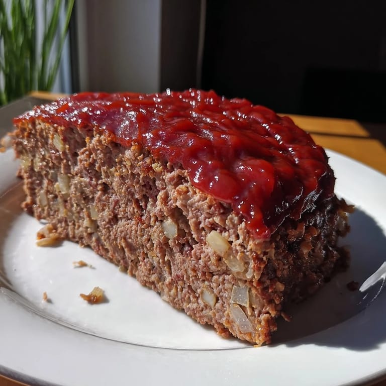 Homemade meatloaf with a shiny ketchup glaze, smelling savory, ready to be served alongside mashed potatoes.