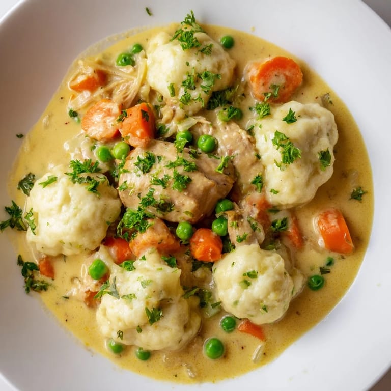 Steam rises from a bowl of hot Chicken and Dumplings, perfect comfort food on a chilly day.