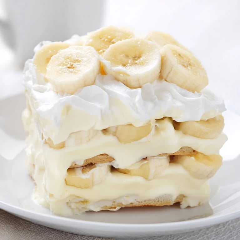 Close-up of freshly made banana pudding with vanilla wafers and a final topping of whipped cream.