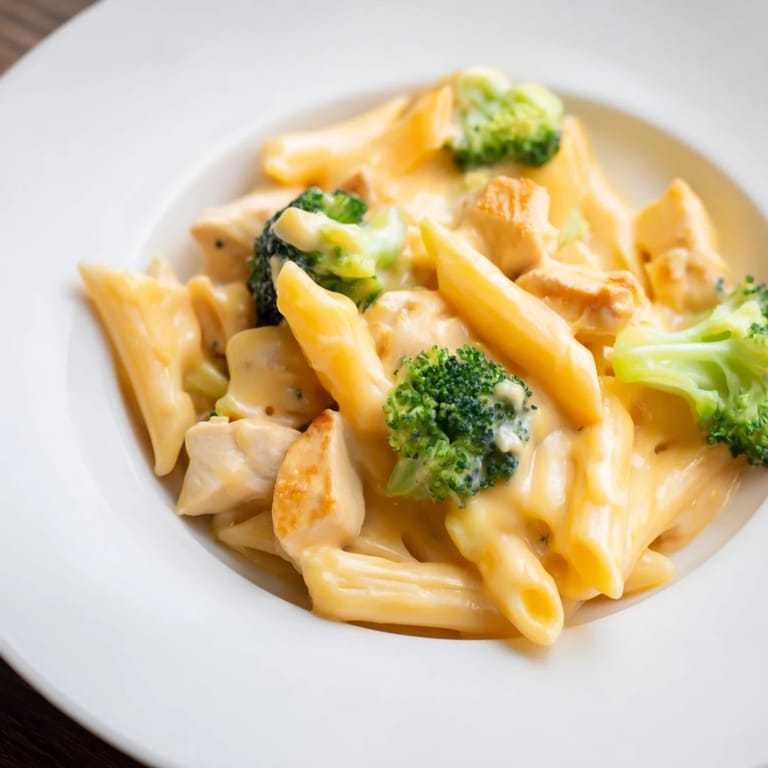 Close-up of Chicken Broccoli Cheddar Pasta with juicy chicken pieces and bright green broccoli florets.
