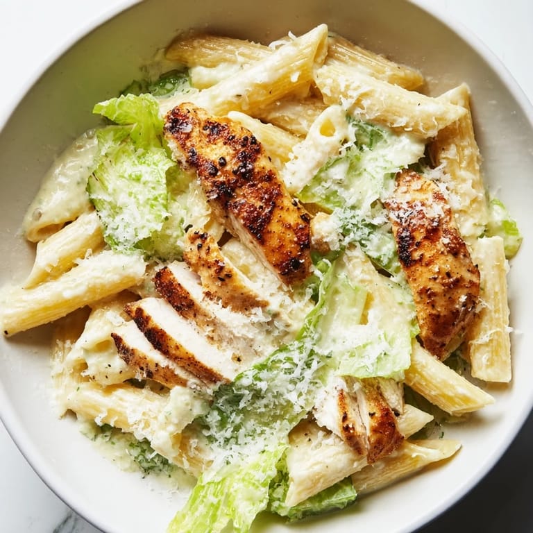 Warm Spicy Chicken Caesar Pasta served with lemon wedges, fresh parsley, and drizzled Caesar dressing.