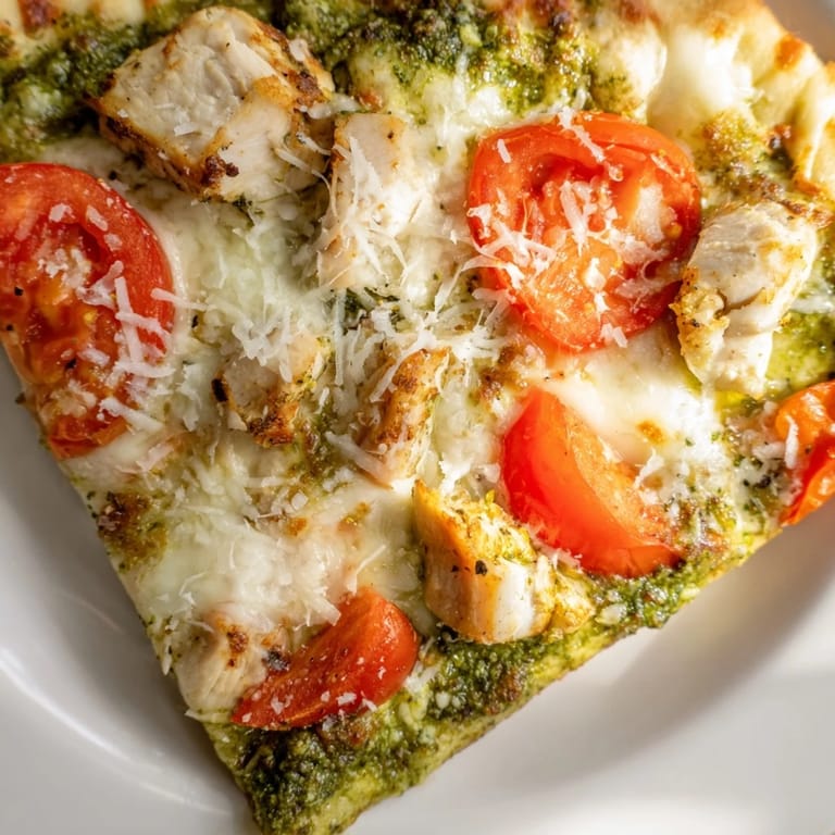 A close-up of a thin-crust Chicken Pesto Pizza, featuring fragrant basil pesto and tender chicken.  