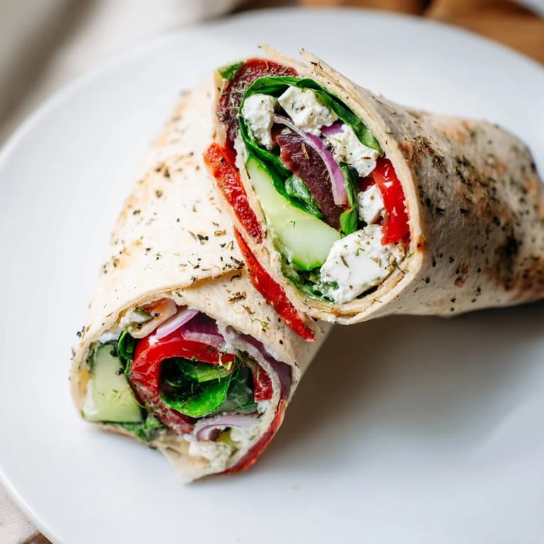 Sliced Mediterranean Veggie Wrap on a plate with a side of hummus, showcasing fresh spinach and tangy feta.