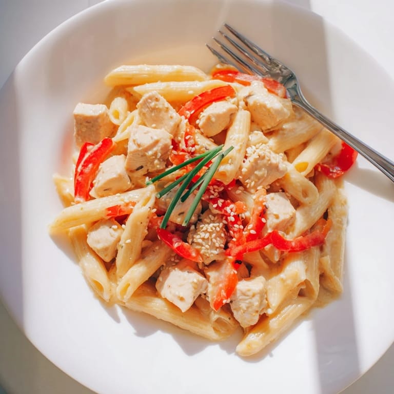 Tender chicken, red bell pepper, and pasta tossed in a glossy sweet chili cream sauce, served steaming hot in a skillet.  