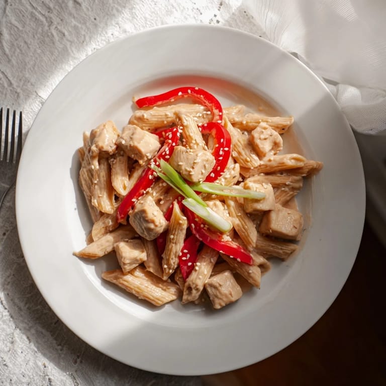 Close-up of Sweet Chili Chicken Pasta with cilantro and sesame seeds, showing a creamy, glossy coating on each noodle and chicken bite.