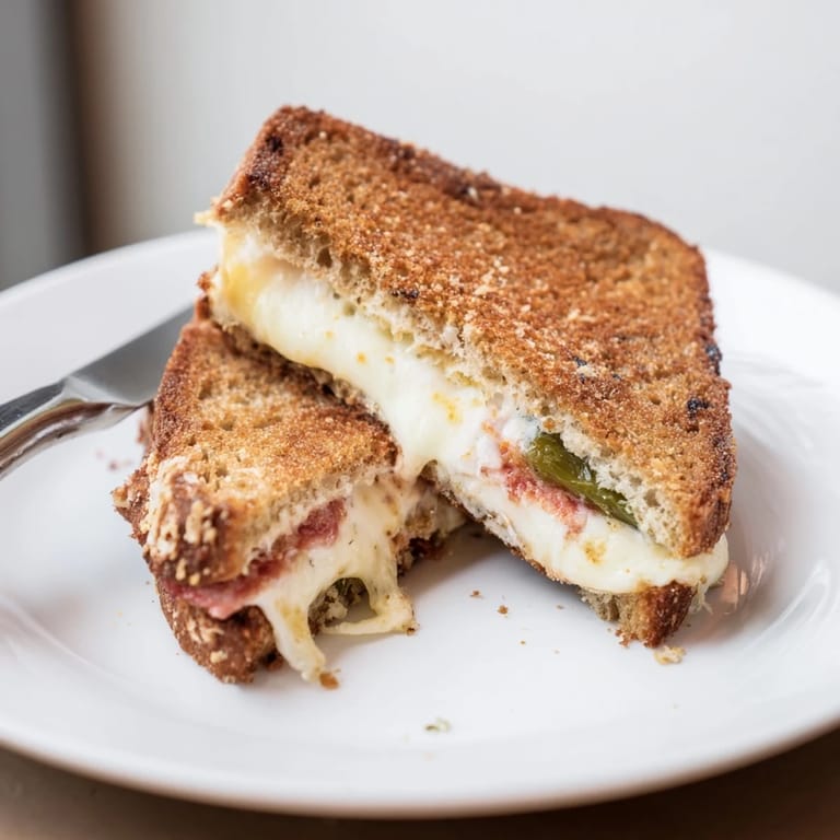 Toasted white bread slices reveal a spicy, cheesy jalapeño popper grilled cheese filling with visible pepper bits.