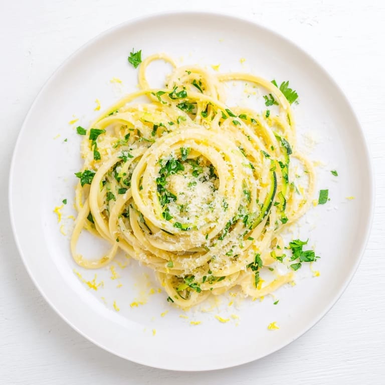 Golden Lemon Zucchini Pasta served in a white bowl with a glass of white wine, perfect for weeknight dinners.