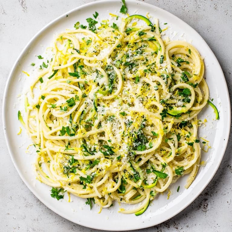 A close-up of vibrant Lemon Zucchini Pasta featuring al dente spaghetti, zesty butter sauce, and shaved Parmesan cheese.