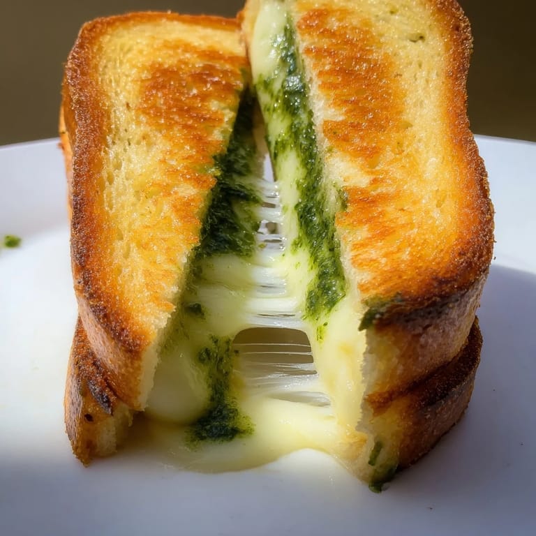 Sourdough Pesto Grilled Cheese, crispy on the outside with gooey cheese and aromatic pesto inside, served warm.  
