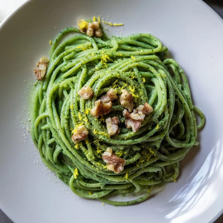 Tender pasta twirls with toasted walnuts and fresh spinach in a rich, plant-based cream sauce.