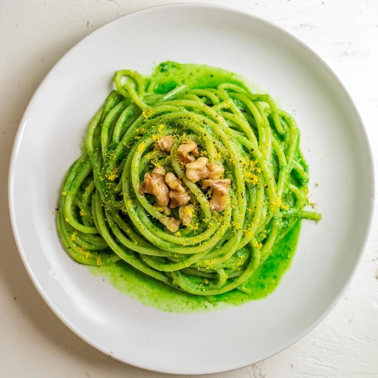 A close-up of Creamy Spinach Walnut Pasta garnished with cracked pepper, lemon zest, and crunchy nut pieces.