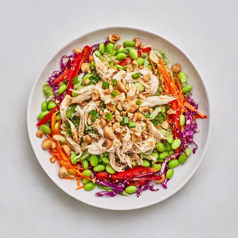 Freshly tossed Edamame Crunch Chicken Salad in a white bowl, topped with toasted sesame seeds and roasted cashews for extra crunch.