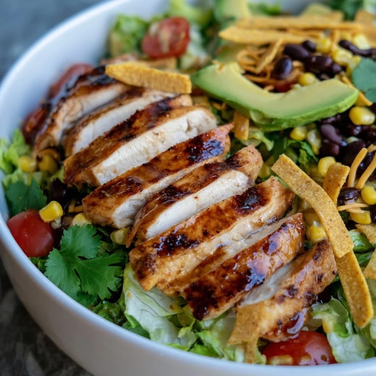 The Honey Lime Chicken Taco Salad is topped with tortilla strips and a drizzle of zesty lime dressing.  