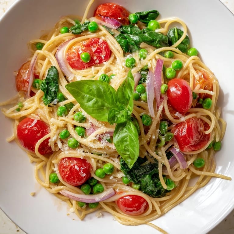 A vibrant pot of Spring Veggie One-Pot Spaghetti topped with grated Parmesan and basil.  