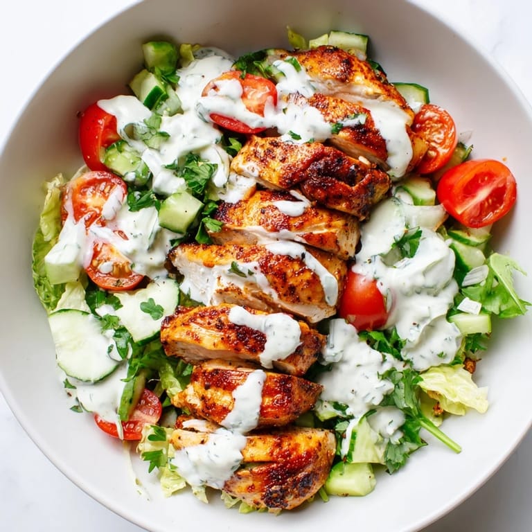 A vibrant gluten-free Chicken Shawarma Salad Bowl featuring golden, aromatic chicken slices, fresh vegetables, and creamy garlic sauce for a healthy, satisfying meal.  