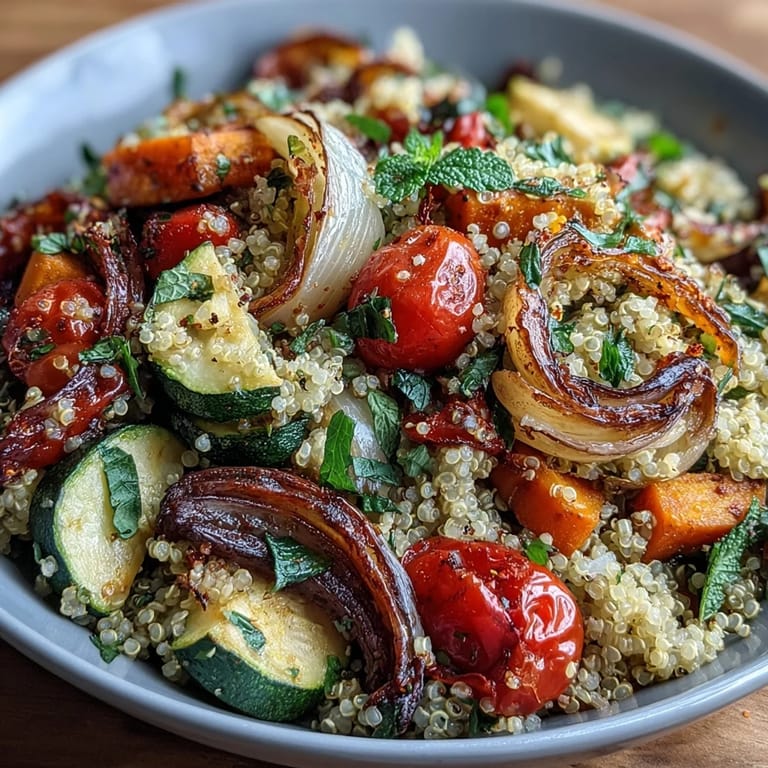 Heaping bowl of warm Quinoa Vegetable Pilaf garnished with fresh parsley and mint, perfect as a hearty vegetarian main or versatile side dish.