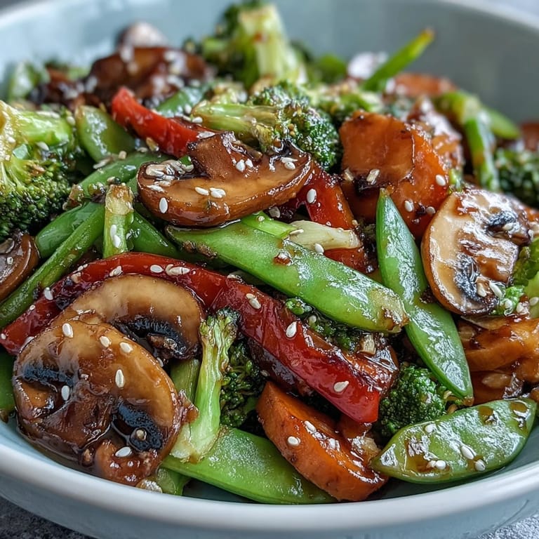 Savory ginger stir-fried vegetables with fresh ginger, bell pepper, and sesame seeds.
