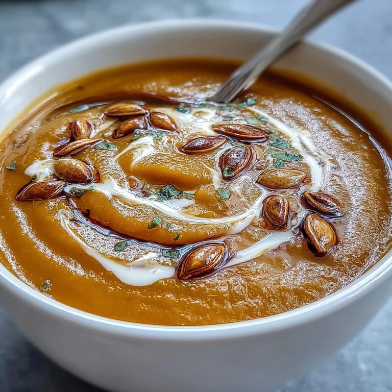 Hearty butternut squash and apple soup, ready to serve, garnished and delicious.