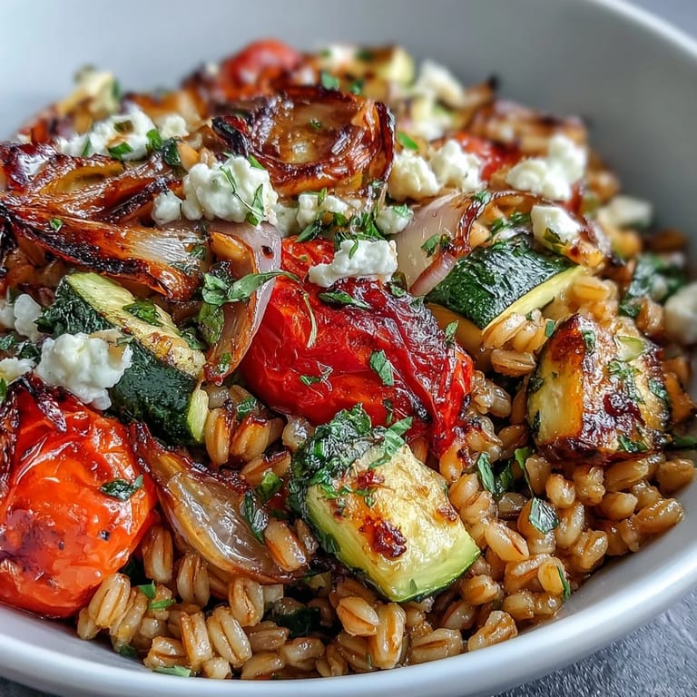 Serving suggestion for farro with roasted vegetables, plated alongside grilled chicken for a Mediterranean-inspired weeknight dinner.