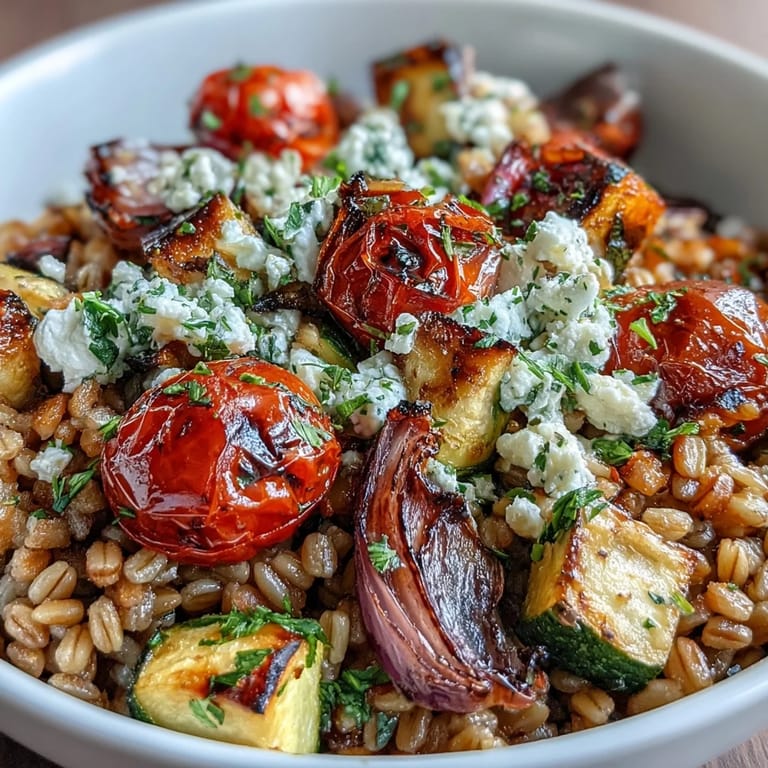 In a white ceramic dish, warm farro with roasted vegetables is garnished with fresh parsley and optional crumbled feta.  